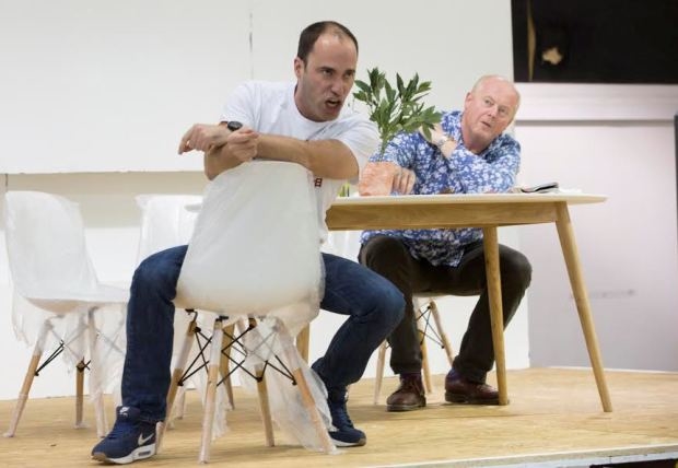 Leigh Melrose (foreground) with Mark Le brocq in Biedermann and the Arsonists (Independent Opera)