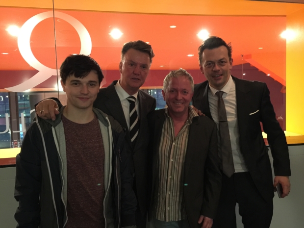 Simon Stephens with Louis Van Gaal and actors Joshua Jenkins and John McAndrew 