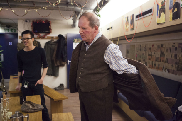 Michael Morpurgo getting ready backstage ahead of his performance in War Horse