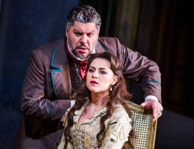 Luca Salsi as Giorgio Germont and Venera Gimadieva as Violetta in La traviata (ROH)