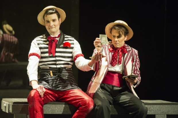 Nicholas Lester as Figaro and Nico Darmanin as Almaviva in The Barber of Seville (WNO)