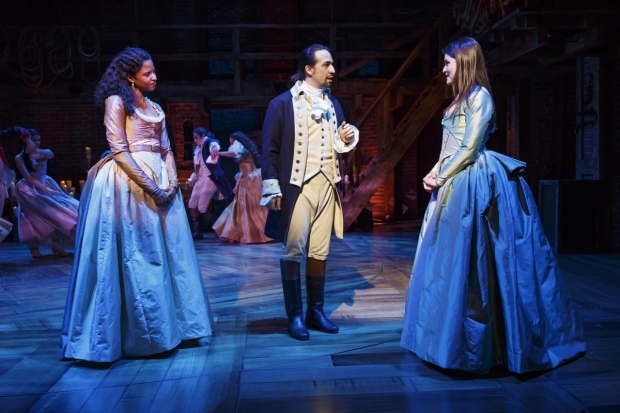 Hamilton star and creator Lin-Manuel Miranda as the musical&#39;s title character with Renée Elise Goldsberry (Angelica Schuyler) and Phillipa Soo (Eliza Hamilton)