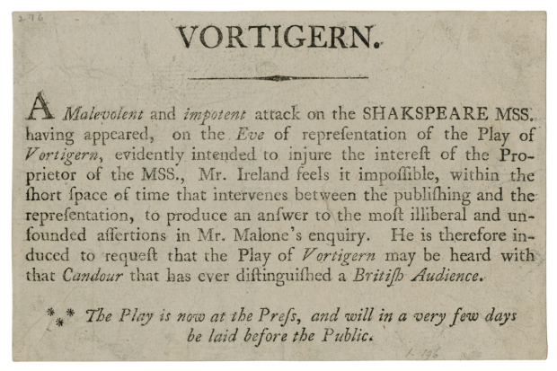 Handbill defending the authenticity of Vortigern, commissioned by Samuel Ireland and distributed outside the theatre before the performance on 2 April 1796