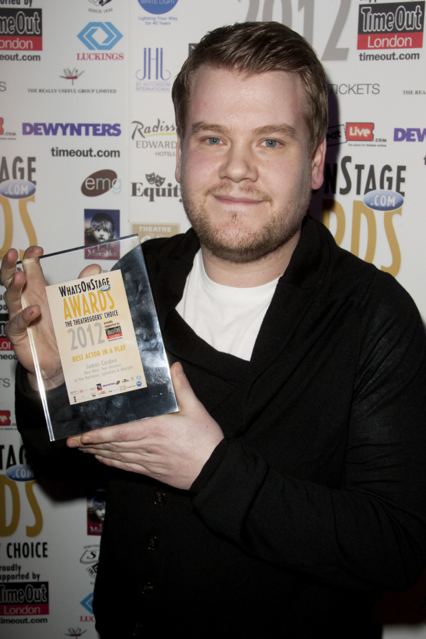 London James Corden accepts the 2012 Whatsonstage Award for Best Actor in a Play for One Man, Two Guvnors