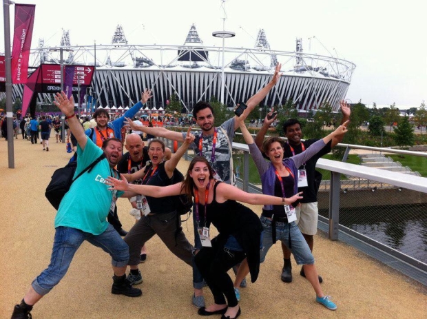 Mel (centre) with fellow cast members outside the Olympic Stadium