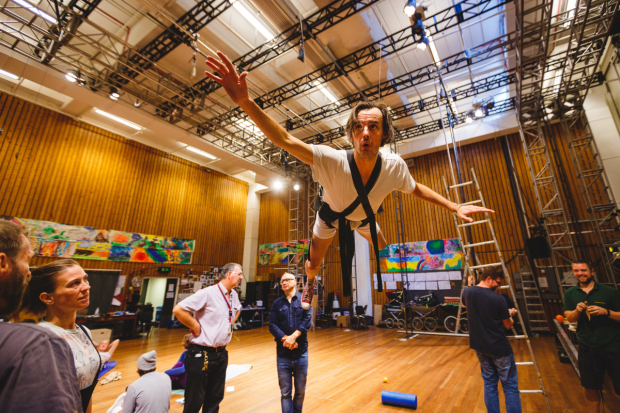 Paul Hilton (Peter Pan) rehearses flying for Peter Pan