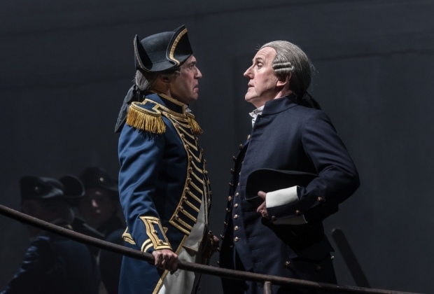 Alan Oke as Captain Vere and Alastair Miles as C|aggart in Billy Budd (Opera North)