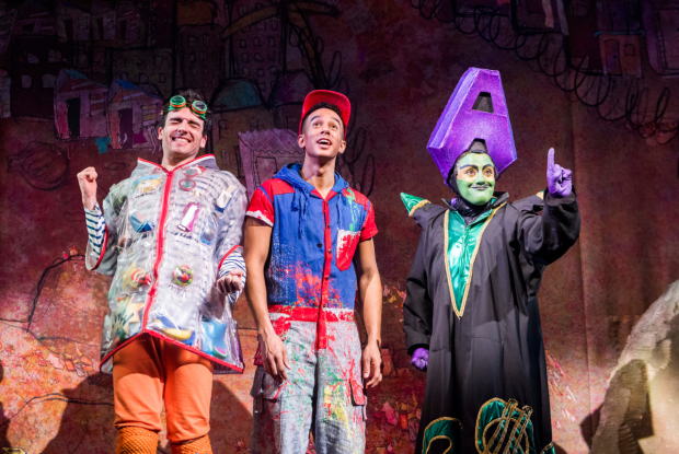 Arthur McBain as Wishy Washy, Karl Queensborough as Aladdin and Vikki Stone as Abanazer in Aladdin at the Lyric Hammersmith