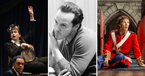 David Tennant (L) and BEnedict Cumberbatch (R) as Hamlet and Andrew Scott (middle) in rehearsals