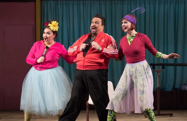 Amy J. Payne as Tisbe, Henry Waddington as Don Magnifico and Sky Ingram as Clorinda in Cinderella (La Cenerentola) (Opera North)