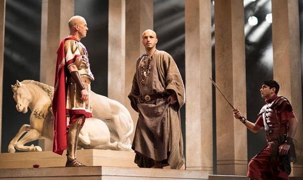 Andrew Woodall (Julius Caesar), Waleed Elgadi (Soothsayer) and Dharmesh Patel (Soldier)