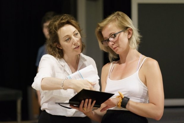 Clare Lawrence Moody and Sophie Melville in rehearsals for The Divide