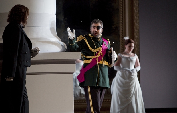 Nicholas Lester as Onegin, Miklós Sebestyén as Prince Gremin and Natalia Romaniw as Tatyana in Eugene Onegin (WNO)