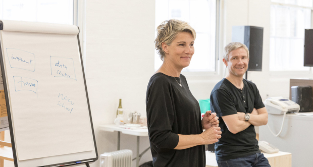 Tamsin Greig and Martin Freeman rehearsing for Labour of Love