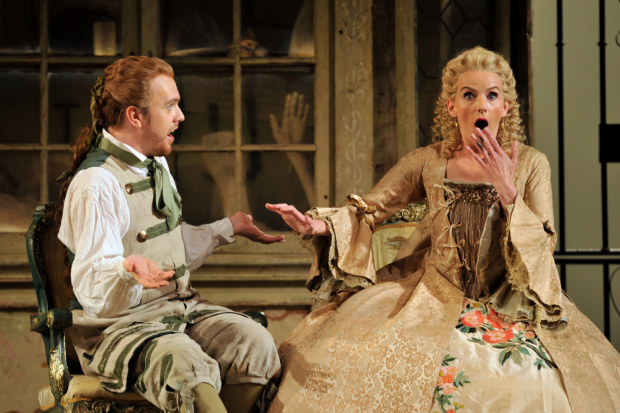 Morgan Pearse as Figaro and Sarah Tynan as Rosina in The Barber of Seville (ENO)