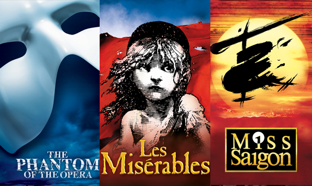 Posters for the West End productions of The Phantom of the Opera, Les Miserables and Miss Saigon