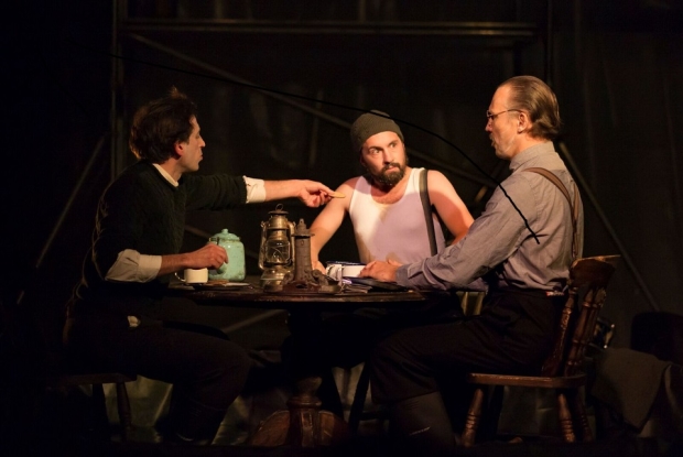 Paul Curievici as Sandy, Owain Browne as Blazes and Pauls Putnins as Arthur in The Lighthouse (Shadwell Opera)