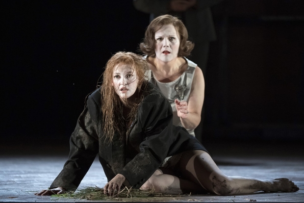 Jennifer France as Ophelia (foreground) with Louise Winter as Gertrude in Hamlet (Glyndebourne Tour)