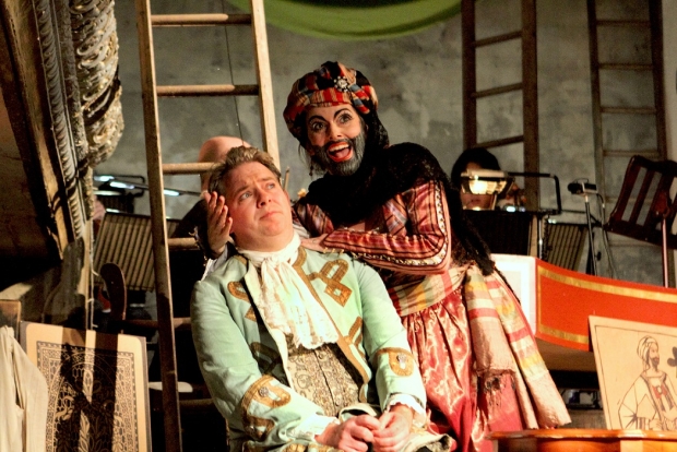 Robert Murray as Tom Rakewell and Victoria Simmonds as Baba the Turk in The Rake&#39;s Progress (OperaGlass Works)