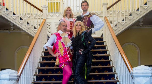 Louie Spence (Dandini), Michelle Collins (The Wicked Stepmother), Jayne Wisener (Cinderella) and Luke Kelly (Prince Charming) in Dartford Orchard Theatre&#39;s pantomime 