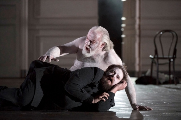 Allan Clayton as Hamlet, with John Tomlinson as the Ghost, in Hamlet (Glyndebourne)