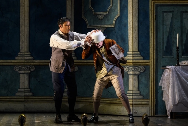 Ross Ramgobin as Figaro and Katherine Aitken as Cherubino in The Marriage of Figaro (ETO)