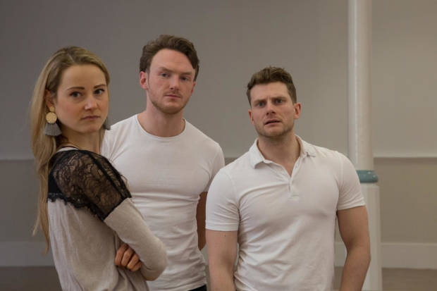 Mabel Clements, Joshua Hill and Eddie Eyre in rehearsals for The Country Wife