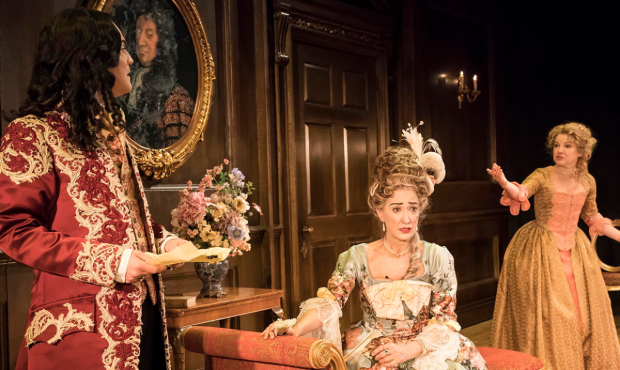 Alex Beckett (Waitwell), Haydn Gwynne (Lady Wishfort) and Sarah Hadland (Foible) in The Way of the World at the Donmar Warehouse, directed by James Macdonald and designed by Anna Fleischle 