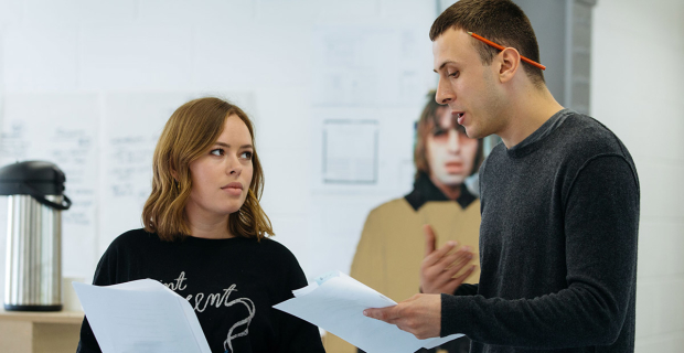 Tanya Burr and Rhys Yates in rehearsals for Confidence