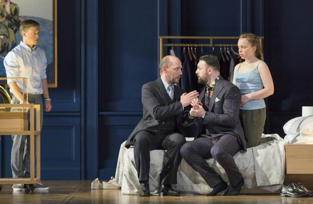 Samuel Boden as the Boy, Stéphane Degout as the King, Gyula Orendt as Gaveston and Ocean Barrington-Cook as the Girl in  Lessons in Love and Violence (ROH)