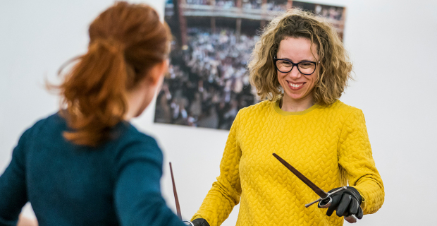 Michelle Terry in rehearsals with the Globe Ensemble