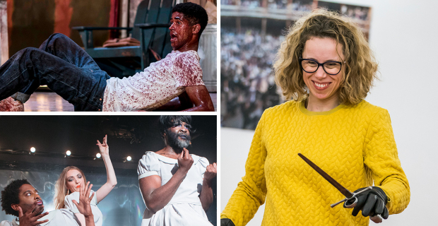 Clockwise from left: Alfred Enoch in Red, Michelle Terry rehearsing for Hamlet and the cast of Effigies of Wickedness