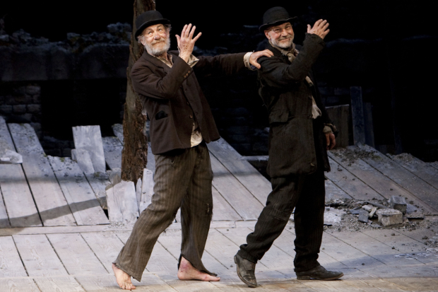 Ian McKellen (Estragon) and Patrick Stewart (Vladimir) during the curtain call for Waiting for Godot 
