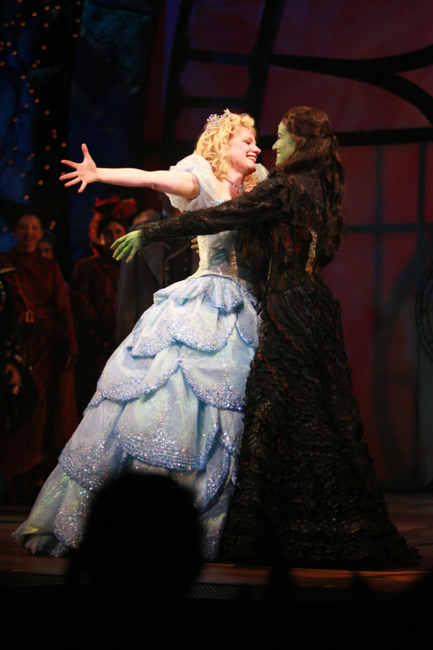 Helen Dallimore (Glinda) and Idina Menzel (Elphaba) at the curtain call of Wicked
