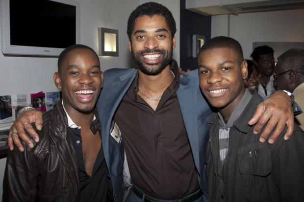London Aml Ameen (Lavelle), Karl Collins (Howard Jones) and John Boyega (Sam) attend the after show party of Seize the Day, part of the Not Black and White season at the Tricycle Theatre, London