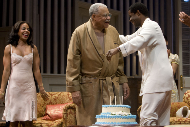 London Sanaa Lathan (Maggie), James Earl Jones (Big Daddy) and Adrian Lester (Brick) during the curtain call for Cat on a Hot Tin Roof as the cast celebrate James Earl Jones&#39; 79th birthday