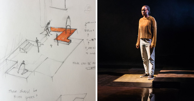 Left: a sketch for the designs for Leave Taking. Right: Nicholle Cherrie in Leave Taking