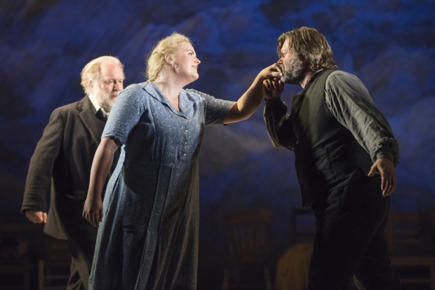 Richard Wiegold as Daland, Kirstin Sharpin as Senta and Simon Thorpe as the Dutchman in Der Fliegende Holländer (Longborough Festival Opera)