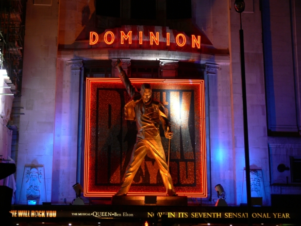 Freddie Mercury&#39;s statue at the front of the Dominion Theatre in London
