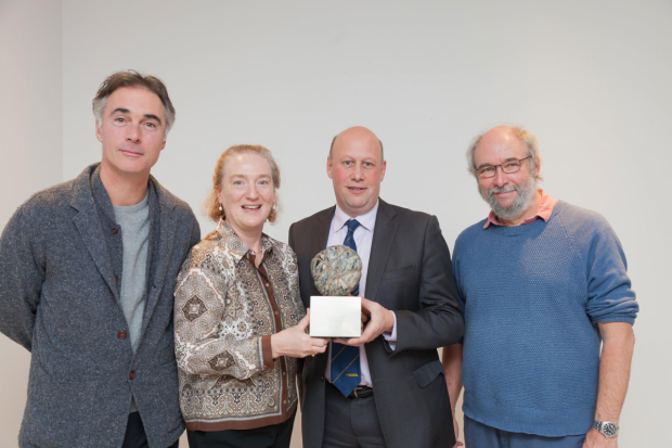 Greg Wise (guest at the 2017 Awards), Cinzia Hardy (Artistic Director of November Club), Robert Addison, (Manager at Hexham and Northern Marts) &amp; Peter Brooke-Ball MRBS (artist who made the Prize sculpture).