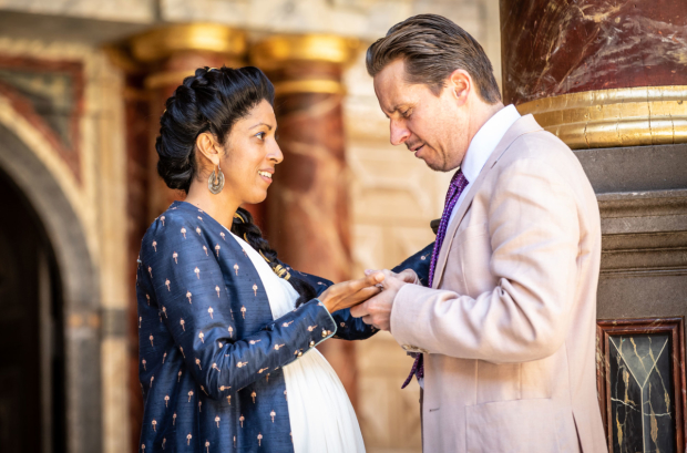 Priyanga Burford as Hermione and Oliver Ryan as Polixenes in The Winter&#39;s Tale