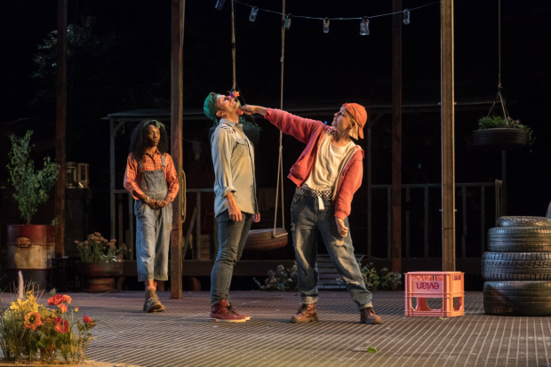 Keziah Joseph as Celia, Edward Hogg as Orlando and Olivia Vinall as Rosalind.