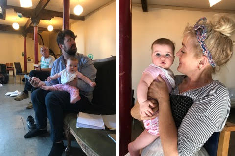 Left: director Michael Fentiman giving notes with Noa on his lap and right, Noa with Sophie Thompson