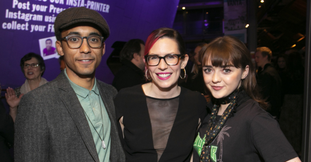 Zach Wyatt (left) with playwright Lauren Gunderson and Maisie Williams