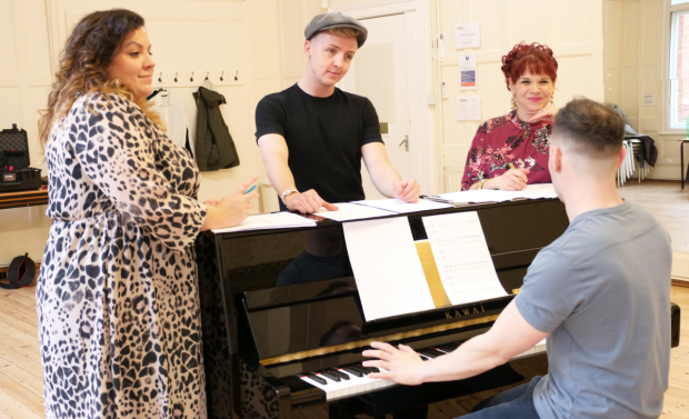 Wendy Ferguson, Jordan Lee Davies, Debbie Chazen and Alex Parker in rehearsals for Am Dram