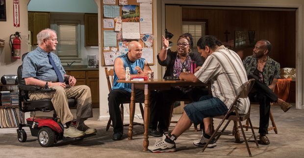 (L to R) ensemble member Francis Guinan (Fred), ensemble member Glenn Davis
(Gio), Celilia Noble (Ivy), Eddie Torres (Felix) and ensemble member K. Todd Freeman (Dee)