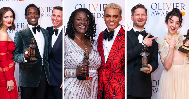 Winners at the Olivier Awards posing with their awards
