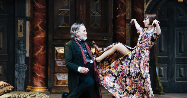 Pearce Quigley as Falstaff and Bryony Hannah as Mistress Ford in The Merry Wives of Windsor