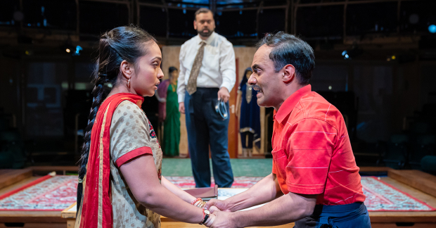 Shalini Peiris (Durga Hobson),Tony Jayawardena (Hari Hobson) and Esh Alladi (Ali Mossop) in Hobson&#39;s Choice