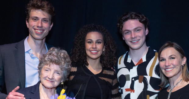 The top three Stephen Sondheim Society Student Performers of the Year – Jamie Bogyo, Paige Fenlon and Stuart Thompson with Julia McKenzie and Joanna Riding